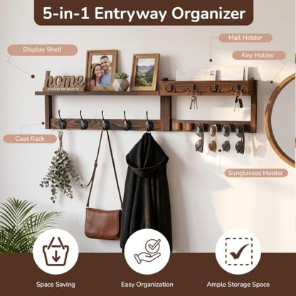 Wooden Key Holder Wall Mount with Shelf, Wall Key Rack and Mail Holder with 9 Key Hooks and 6 Sunglasses Holders, Farmhouse Key Hanger for Entryway Living Room Bedroom, Rustic Brown - color: Rustic Brown