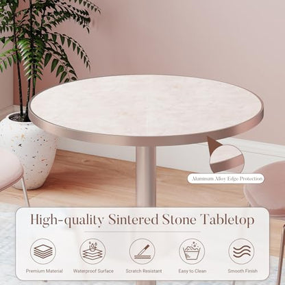 31.5'' Tulip Table, Round Dining Table with Glossy Sintered Stone Tabletop | Rose Gold Aluminum Alloy Edge & Pedestal, Small Bistro Table for Dining Room/Café/Small Spaces/Restaurant (Blush Onyx) - color: Blush Onyx (Rose Gold), size: Round