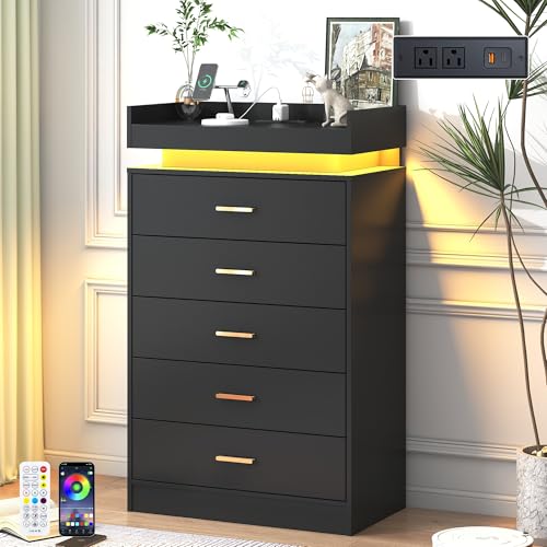 jiteentarou 5 Drawer Dresser with Charging Station and LED Lights, Modern Chest of Drawers with Power Outlet, Organizer Cabinet for Bedroom, Living Room, Entryway, Black - color: Black, size: 15.4"D x 27.6"W x 45.5"H (5 Drawers)