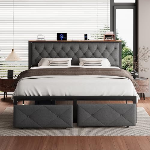 iPormis King Bed Frame with 2 Storage Drawers, Linen Upholstered Headboard Platform Bed with Charging Station, No Box Spring Needed, Metal Slats Support, Noise-Free, Easy Assembly, Grey - color: Grey, size: King