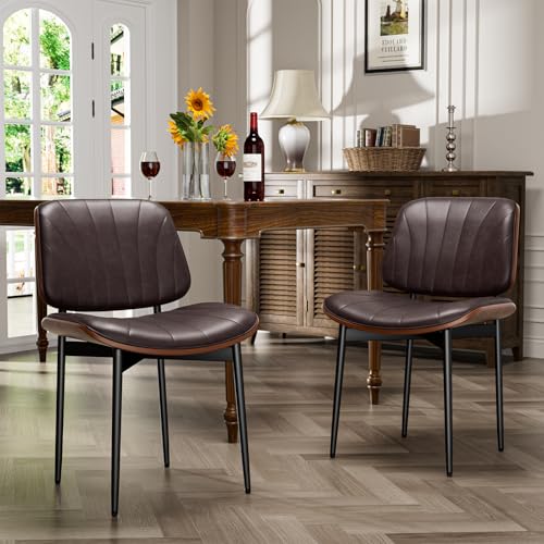 YaFiti Mid Century Dining Chairs Set of 2 with Walnut Bentwood, Brown | Ergonomic Walnut Backrest, Upholstered Waterproof PU Leather Seat, Stable Metal Legs, Adjustable Footpads, Apartment Friendly - color: Brown Scallop