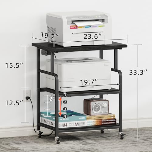 YAOHUOO 3 Tier Large Printer Stand with Power Outlet/Adjustable Shelf | 23.6"x19.6" Large Top,Fit 2-3 printers,Rolling Cart with Wheels,Table for Home Office,Fit 3D Printer/Heat Press/Laser,Black - color: Black, size: 23.6"×19.6"