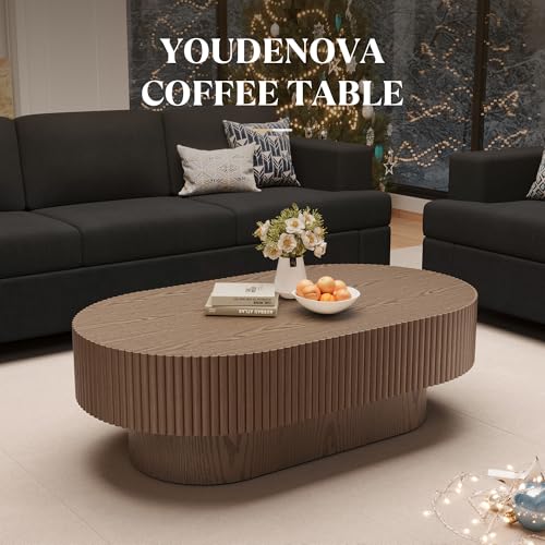 YOUDENOVA 43.7” Oval Coffee Table, Modern Wood Fluted Coffee Table for Living Room, Veneer Handcrafted Relief Center Table with Sturdy Pedestal，Easy Assembly - Walnut - color: 43.7" Brown-oval