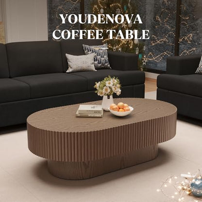YOUDENOVA 43.7” Oval Coffee Table, Modern Wood Fluted Coffee Table for Living Room, Veneer Handcrafted Relief Center Table with Sturdy Pedestal，Easy Assembly - Walnut - color: 43.7" Brown-oval
