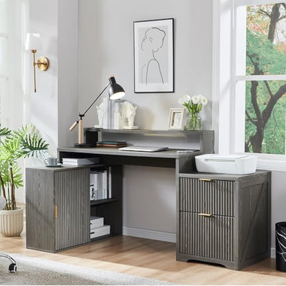Modern L Shaped Desk with Storage Cabinet & Drawers, Wood Home Office Desk with Power Outlets, Fluted Computer Writing Desk - color: Grayish Green, size: 33"D x 67"W x 35.5"H