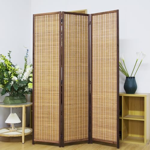 3 Panel Bamboo Room Divider Screen,5.6 FT Tall Bamboo Divider Folding Panel Screen,Freestanding Panel Divider for Room Seperation,Brown - color: Brown, size: 3 Panel
