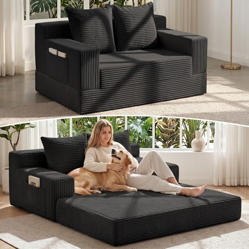 Convertible Sofa Bed,Small Boneless Couch & Boneless Loveseat,Pull Out Couch Bed for Small Spaces,Premium Luxe Corduroy Folding Floor Futon Sleeper with Side Pocket & 2 Pillows, No Assembly Required - color: A-black, size: Lovseat