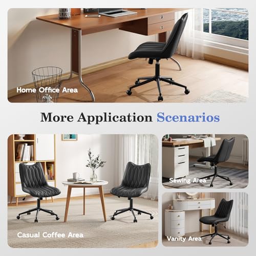 Armless Office Chair, Swivel Rolling Leather Desk Chair, Brown | Waterproof Upholstery, Padded Seat, 15° Relaxing Tilt, 330 LBS Capacity, for Bedroom Vanity and Computer Work - color: Black