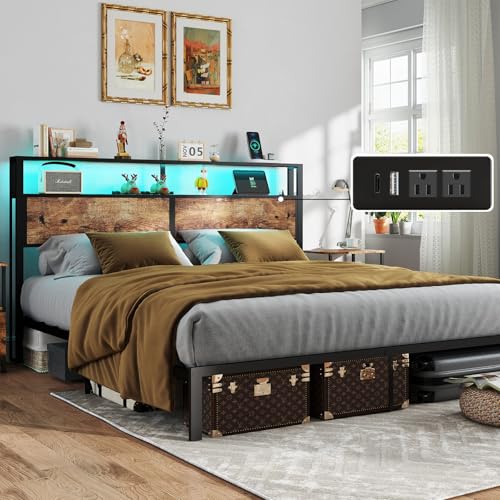 RVONOW King Size Bed Frame with 2-Tier Storage Headboard, Vintage Brown | Wooden headboard with LED lights, built-in charging station, No Box Spring Needed, Noise Free, Easy Assembly, Modern Bedroom - color: Vintage Brown, size: King