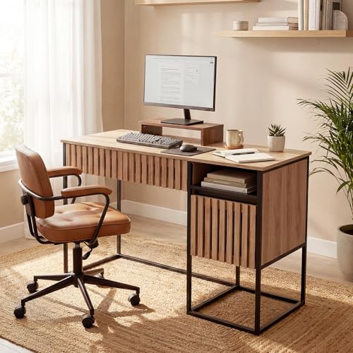 Small Home Office Desk, 46.5" Fluted Writing Desk with 2 Drawers | Compact desk with storage cabinet for bedroom small spaces, dressing table console table, Black and Oak