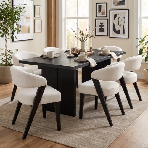Mid Century Modern Dining Chairs with Arms Set of 2, Upholstered Kitchen & Dining Room Chairs, Barrel Backs/Black Solid Wood Legs, Comfortable Accent Chairs for Living Room, Chenille White - color: White