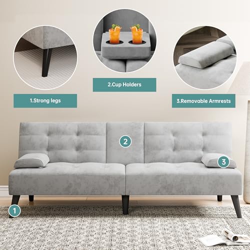 64" Futon Sofa Bed, Convertible Loveseat with 2 Cup Holders, Small Couch with 3 Adjustable Angles & Removable Armrest, Light Grey - color: Light Grey