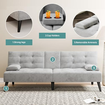 64" Futon Sofa Bed, Convertible Loveseat with 2 Cup Holders, Small Couch with 3 Adjustable Angles & Removable Armrest, Light Grey - color: Light Grey
