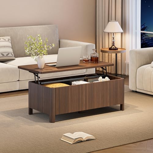 Fluted Lift Top Coffee Table with Storage, Mid Century Modern Coffee Table with Hidden Compartment, Rising Top Wood Center Table for Living Room, Home Office, Rounded Edges (Walnut) - color: Walnut