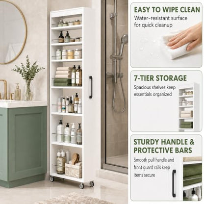 7-Shelf Tall Narrow Storage Cabinet with Wheels, 71 Inch, White | Slim Pull-Out Organizer, 7.87 Inch Wide for Small Spaces Between Washer/Dryer, Kitchen, Bathroom and Laundry Room - color: E-white