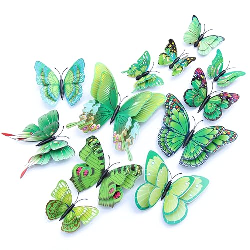 OPSEAM 3D Butterfly Wall Decor Butterfly Decorations Stickers with Magnets | 24 PCS Green,12 Styles Double Layer Butterfly for Classroom Decoration,Locker Refrigerator, Reusable,Waterproof - color: Green