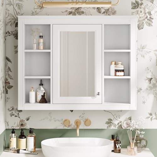 Wall Mounted Medicine Cabinet, Bathroom Storage Cabinet with Mirror Door and 6 Adjustable Open Shelf (7.3" D x 35" W x 27.5" H) (White) - color: White