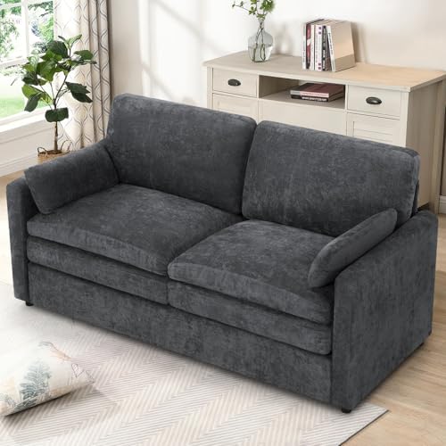 69" Chenille 2 Seats Sofa with 2 Pillows, Dark Grey | Modern Upholstered Sofa with Deeper Seats, Comfy Sofa with Thickened Cushions for Living Room, Apartment - color: Dark Grey, size: Loveseat