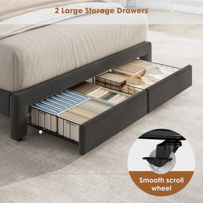 Garvee Full Size Bed Frame with Storage, Velvet Upholstered Platform Bed Frame with Crystal Tufted Headboard, Charging Station, 2 Drawers, No Box Spring Needed, Noise-Free,for Bedroom, Dark Gray | Velvet Upholstered Platform Bed Frame with Crystal Tufted