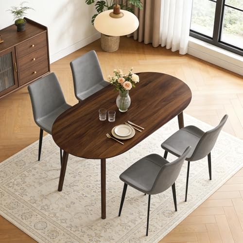 63" Oval Dining Table Set for 4 with Solid Wood Legs | 5 Piece Walnut Dining Table Set for Kitchen and Dining Room Furniture, 4 PU Grey Dining Chairs, Mid Century Modern - color: Walnut Table Grey Chairs