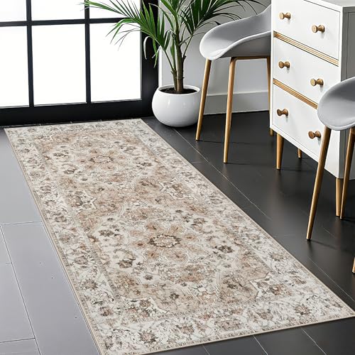 Washable Hallway Runner Rug 2x5: Non Slip Runner Rugs with Rubber Backing | Soft Kitchen Rug Farmhouse Distressed Carpet Runner for Living Room Bedroom Bathroom - Thin Beige Rug Lightweight Easy Clean - color: Beige, size: 2' x 5' (Rectangular)