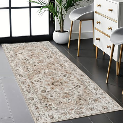 Washable Hallway Runner Rug 2x5: Non Slip Runner Rugs with Rubber Backing | Soft Kitchen Rug Farmhouse Distressed Carpet Runner for Living Room Bedroom Bathroom - Thin Beige Rug Lightweight Easy Clean - color: Beige, size: 2' x 5' (Rectangular)