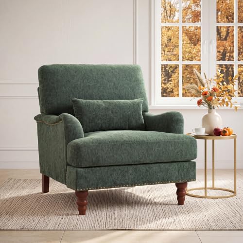 Mid-Century Modern Accent Chair with Lumbar Pillow, Green, 1 Pack | Upholstered Chenille Armchair, Solid Wood Frame & Legs, Comfy Reading Lounge Sofa for Living Room Bedroom, & Small Spaces - color: Chenille Green, size: 1 Seat