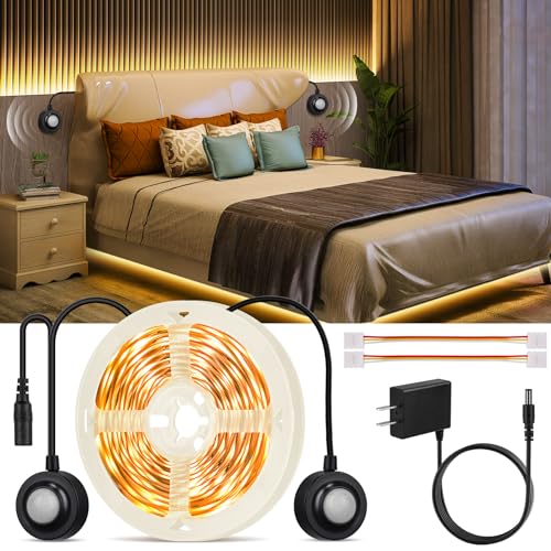 Dual Motion Sensor Light Strip Indoor Under Bed Lights Warm White 16.4Ft | Motion Activated LED Strip Lights, Auto On/Off, Two-End Motion Sensors Night Lighting 12V For Bedside Stair Cabinet Hallway - size: 16.4ft-Two Motion Sensors