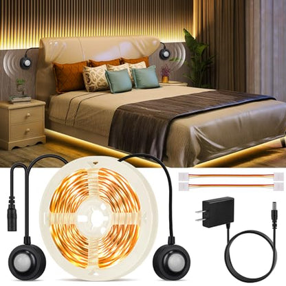 Dual Motion Sensor Light Strip Indoor Under Bed Lights Warm White 16.4Ft | Motion Activated LED Strip Lights, Auto On/Off, Two-End Motion Sensors Night Lighting 12V For Bedside Stair Cabinet Hallway - size: 16.4ft-Two Motion Sensors