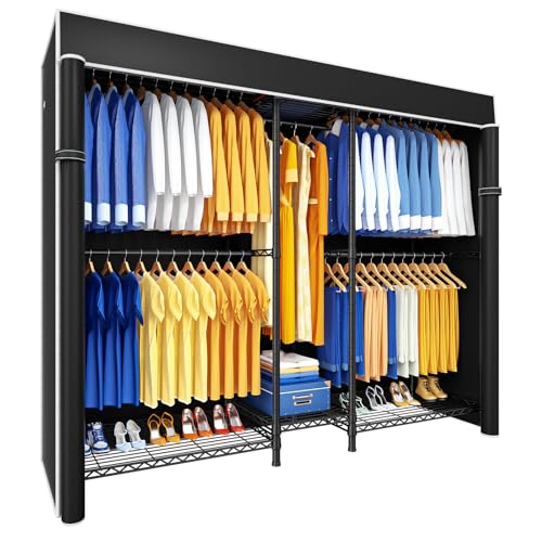 E12C Pro Heavy Duty Closet Organizer System，Freestanding Clothing Rack, Adjustable Garment Rack 71" W x 16" D x 76.5" H Holds 960 lbs, Black Rack with Black Dustproof Cover - color: Black Rack With Black Cover, size: E12C Pro