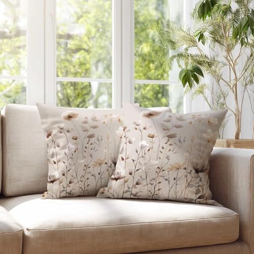 Neutral Floral Throw Pillow Covers 18x18 Set of 2 | Soft Watercolor Botanical Cushion Cases | Minimal Cottagecore Pillowcases for Living Room Sofa Bedroom | Farmhouse Home Decor - color: Watercolor Botanical
