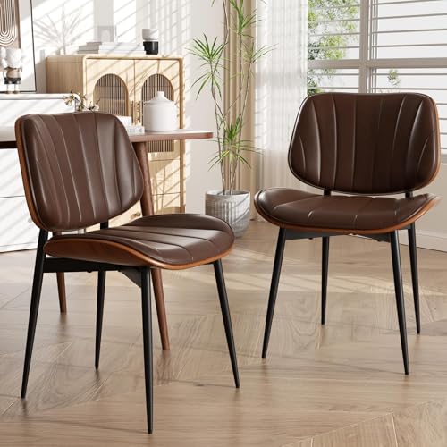 Dining Chairs Set of 2, Mid Century Modern Dining Room Chair, Upholstered Faux Leather Kitchen Chairs with Walnut Bentwood Back and Metal Legs for Kitchen Dining Living Room, Coffee - color: Coffee, size: Set of 2