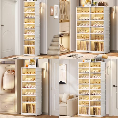 CIMLORD 9-Tier Foldable Shoe Rack, Magnetic Doors, 18 Pairs, White | Collapsible Plastic Shoe Cabinet, Stackable, Clear Doors, Bottom Wheels, Fits Boots, Easy Assembly, Closet & Entryway - size: 9 Tiers 18 Pairs