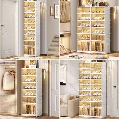 CIMLORD 9-Tier Foldable Shoe Rack, Magnetic Doors, 18 Pairs, White | Collapsible Plastic Shoe Cabinet, Stackable, Clear Doors, Bottom Wheels, Fits Boots, Easy Assembly, Closet & Entryway - size: 9 Tiers 18 Pairs
