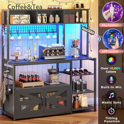 Itaar 47.2 Inch Bakers Rack with Power Outlet, Microwave Stand with Storage, Farmhouse Coffee Bar Cabinet Station with Wine Rack, Iron Mesh and 8-S Hooks (Black) - color: Black