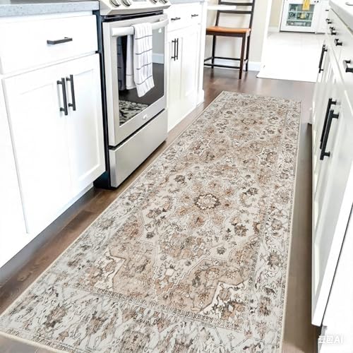 Washable Hallway Runner Rug 2x6: Non Slip Runner Rugs with Rubber Backing | Soft Kitchen Rug Farmhouse Distressed Carpet Runner for Living Room Bedroom Bathroom - Beige Rug Stain Resistant Easy Clean - color: Beige, size: 2' x 6' (Rectangular)