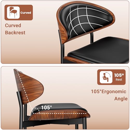 YaFiti Dining Chairs Set of 2, Mid Century PU Leather Kitchen Chairs, Black | Ergonomic Walnut Backrest, Upholstered Waterproof PU Leather Seat, Stable Metal Legs, Adjustable Footpads, Apartment Friendly - color: Black Pu