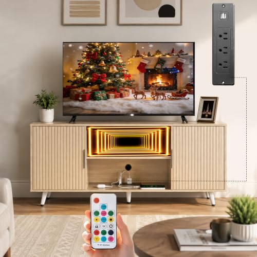 Lightdot 55" Fluted Small Walnut TV Stand with Outlet & Fireplace Light | Media Console with Storage, Mid Century Cabinet Fits 55-65" TV, for Living Room/Bedroom/Sofa Cabinet,Easy Assembly - color: Walnut-mirror/55"