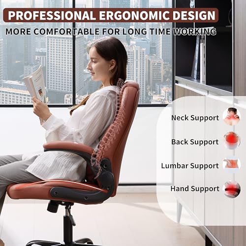 Leather Office Chair Swivel Lumbar Support for Short People Brown | Executive Office Chair PU,Leather Office Chair with Wheels,360° Swivel Rolling Chair with Padded Arm,Ergonomic Computer Chair - color: Brown