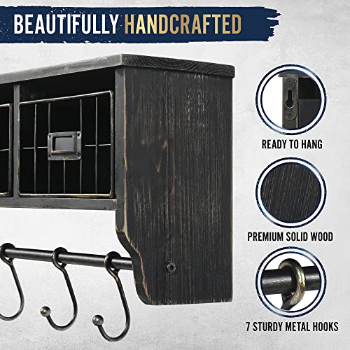 HBCY Creations Wall Mounted Shelf with Coat Hooks and Baskets, Solid Wood Entryway Organizer Wall Shelf with Hooks - Hang Coats, Keys or Coffee Mugs, Rustic Blackwash 24" Wide - color: Blackwash