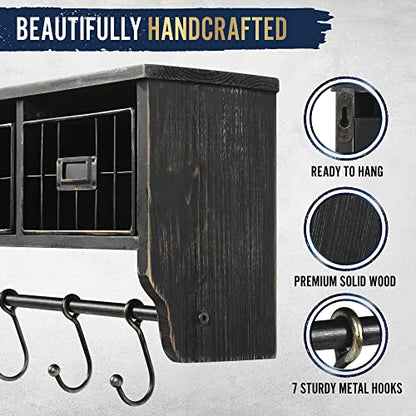 HBCY Creations Wall Mounted Shelf with Coat Hooks and Baskets, Solid Wood Entryway Organizer Wall Shelf with Hooks - Hang Coats, Keys or Coffee Mugs, Rustic Blackwash 24" Wide - color: Blackwash