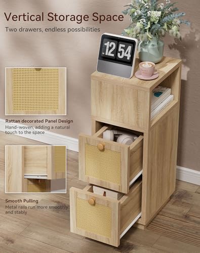 YMYNY Rattan Nightstands Set of 2, Boho Bedside Table with Open Shelf, 2 Drawers, 9.45" x 11.42" x 25.59", Narrow Side Table, Bedside Cabinet for Bedroom and Small Spaces, Natural UHST017N-2 - color: Natural