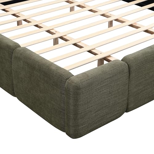 King Size Platform Bed, Boucle Thick Headboard and Footboard, Upholstery Grounded Beds, Block Style, White (Green, King) - color: Green, size: King