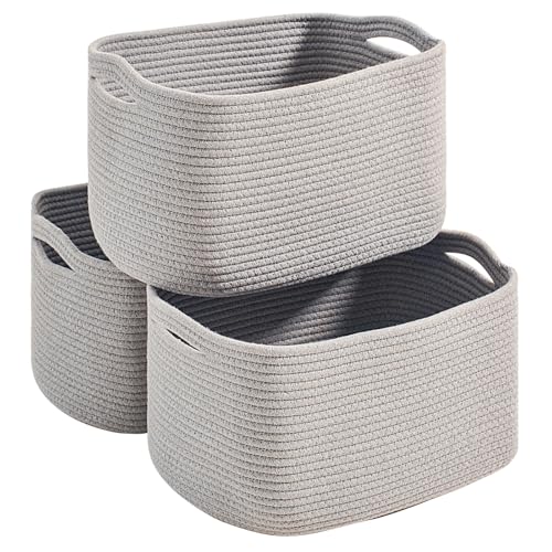 Grey Storage Baskets for Organizing Shelves, Woven Cotton Rope Basket for Storage, Gray Baskets for Toys, Cute Shelf Basket for Living Room Bedroom, 14.8"×11"×9.5", Pack of 3, Grey - color: Grey