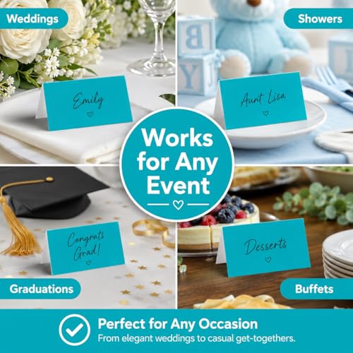 Andaz Press Table Tent Printable Place Cards, Aqua 20-Pack Seat Placement Cards Blank Place Cards Table Settings Name Cards for Baby Bridal Wedding Shower School Graduation Food Cards Blue Place Cards - color: Aqua