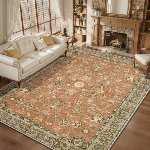 Tangsoo 6x9 Large Area Rug for Living Room,Washable Terracotta Rug Non Slip | Vintage Farmhouse Floral Indoor Rug,Soft Low Pile Big Carpet Boho Revival Indoor Mats for Bedroom Dining Room Office Kitchen - color: Terracotta Tangerine, size: 6' X 9' (Rectan