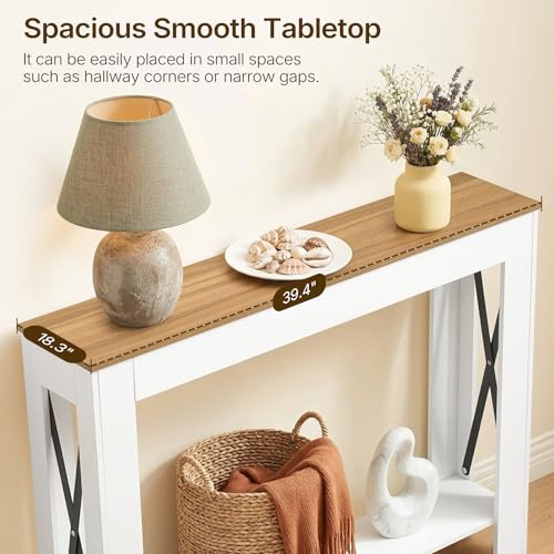 Farmhouse Console Table, 39.4'' Small Narrow Entryway Table, Wood Couch Table Behind Sofa with Storage Shelf, Slim Farmhouse Hallway Table for Hallway, Foyer, White & Light Walnut CT34WV - color: White + Light Walnut