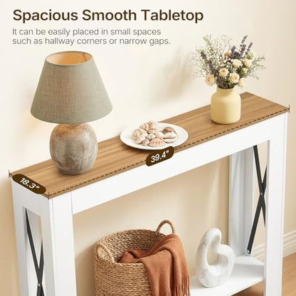 Farmhouse Console Table, 39.4'' Small Narrow Entryway Table, Wood Couch Table Behind Sofa with Storage Shelf, Slim Farmhouse Hallway Table for Hallway, Foyer, White & Light Walnut CT34WV - color: White + Light Walnut