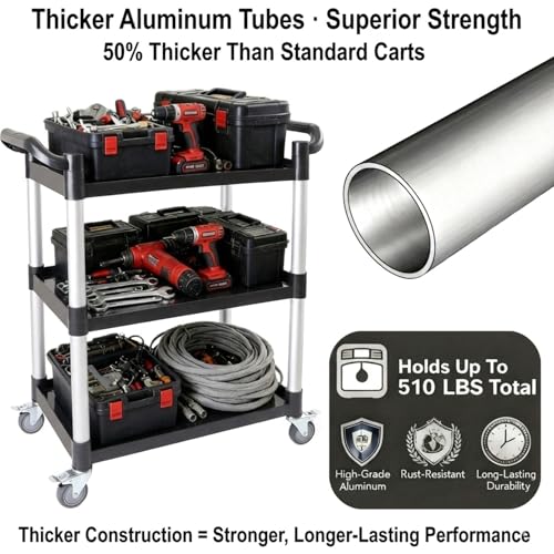 3-Tier Rolling Utility Cart with Wheels, 510 lbs Capacity Service Cart, Commercial Kitchen Cart with 4 Lockable Swivel Casters for Restaurant/Home/Warehouse/Office (31.5"L x 15.75"W x 37.4"H)