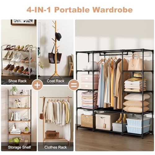 Portable Closet for Hanging Clothes 57.3 Inch Large Capacity Wardrobe Closet with Cover, 8 Pockets and 1 Hanging Rod, Easy Assembly Closet Organizer for Bedroom, Black